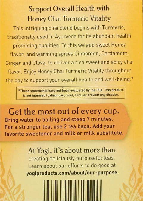 Yogi Organic Honey Chai Turmeric Vitality Tea 16 CT