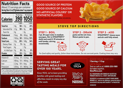 Stouffer's supreme cheddar cheese shells 12 oz