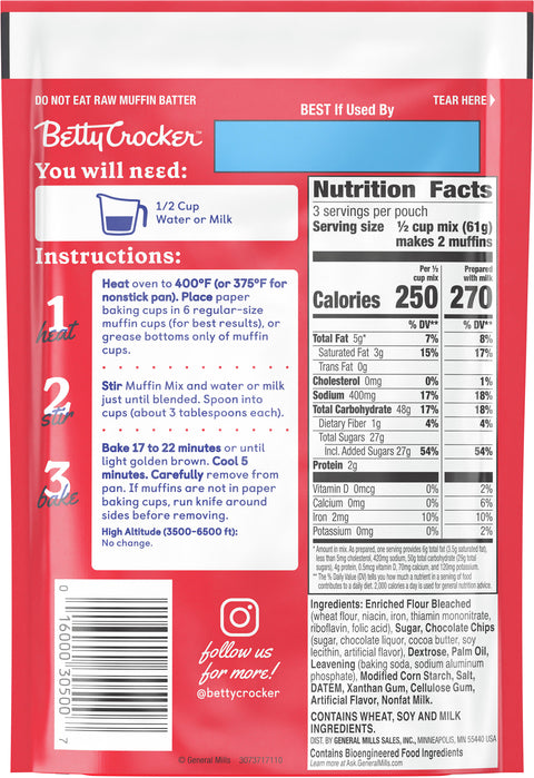 Betty Crocker Muffin Mix Chocolate Chip Pouch 6.5 OZ