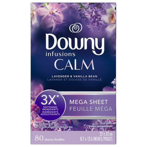Downy Infusions Mega Dryer Sheets, Laundry Fabric Softener, CALM, Lavender and Vanilla Bean, 80 Count