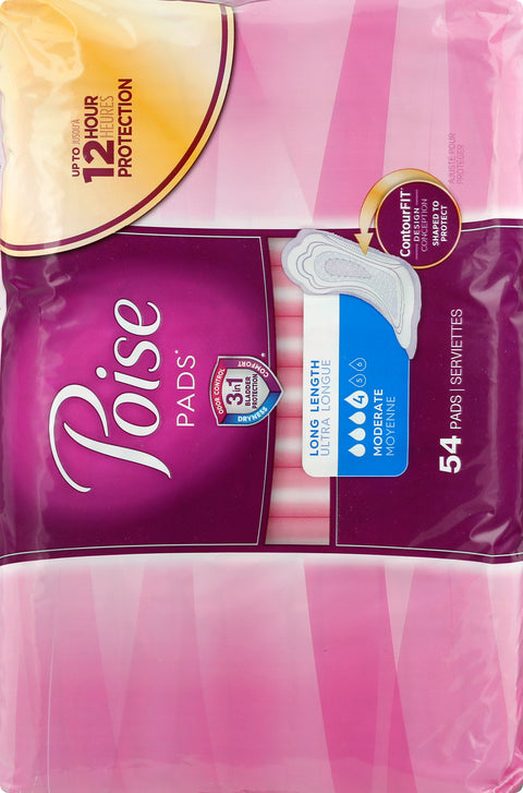 Poise Incontinence Pads & Postpartum Incontinence Pads, 4 Drop Moderate Absorbency, Long Length, 54 Count