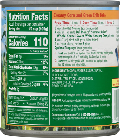 Del Monte Summer Crisp Whole Kernel Sweet White Shoepeg Corn 11 oz