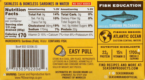 Season No Salt Added Skinless & Boneless Sardines In Water 4.25 OZ