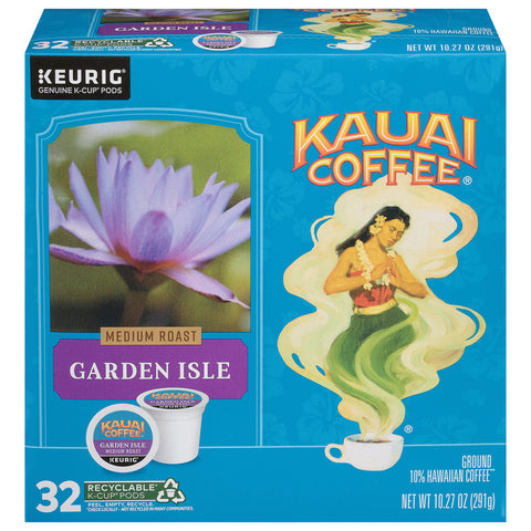 Kauai Coffee Medium Roast Ground 10% Hawaiian Garden Isle Coffee 32 K-Cup Pods - 4 Pack