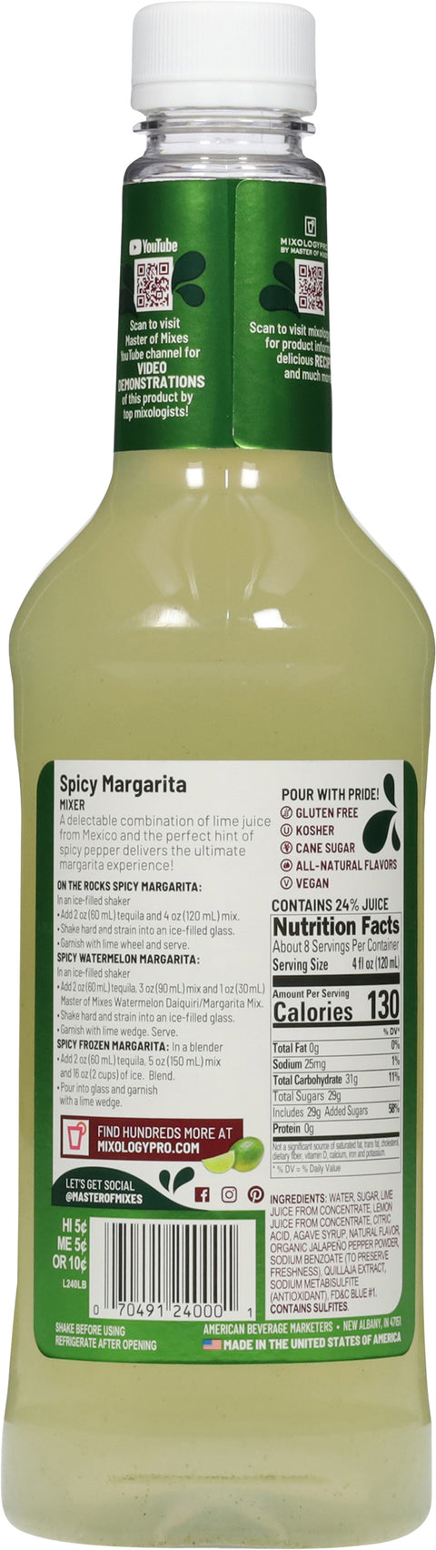 Master of Mixes Handcrafted Spicy Margarita Cocktail Mixer 33.8 FZ