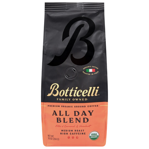Botticelli High Caffeine Premium Organic Ground Medium Roast All Day Blend Coffee 10 oz