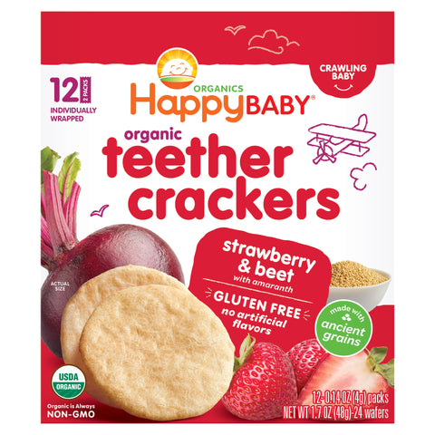 HappyBaby Organics Crawling Baby Strawberry & Beet Teether Crackers 12 - 0.14 oz Packs - 6 Pack