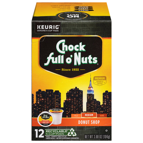 Chock Full O'Nuts Medium Donut Shop Coffee 12 K-Cup Pods - 6 Pack
