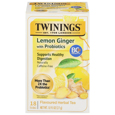 Twinings Superblends Tea Bags Probiotics+ Lemon & Ginger Herbal Tea 18 Bags - 6 Pack