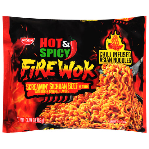 Nissin Fire Wok Hot & Spicy Screamin' Sichuan Beef Flavor Asian Noodles 3.10 oz - 12 Pack