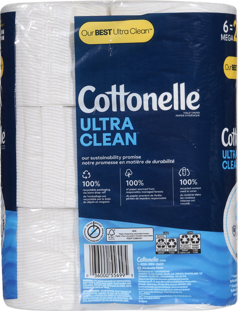 Cottonelle Ultra Clean Toilet Paper, Strong Toilet Tissue, 6 Mega Rolls (6 Mega Rolls = 24 Regular Rolls), 284 Sheets Per Roll