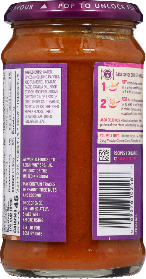 Patak'S Simmer Sauce Vindaloo Spicy Curry 15 OZ