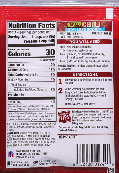 McCormick Seasoning Mix Pouch Low Sodium Chili Mild 1.25 OZ