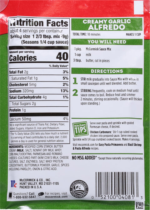 McCormick Seasoning Mix Alfredo Pasta 1.25 OZ
