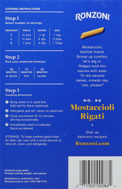 Ronzoni Mostaccioli Rigati Pasta 16 OZ