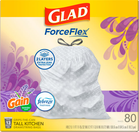Glad ForceFlex Plus Febreze Mediterranean Lavender 13 Gallon Tall Kitchen Drawstring Bags 80 CT
