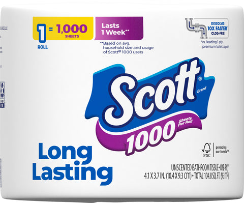 Scott 1000 Toilet Paper, 1 Roll, Septic-Safe, 1-Ply Toilet Tissue
