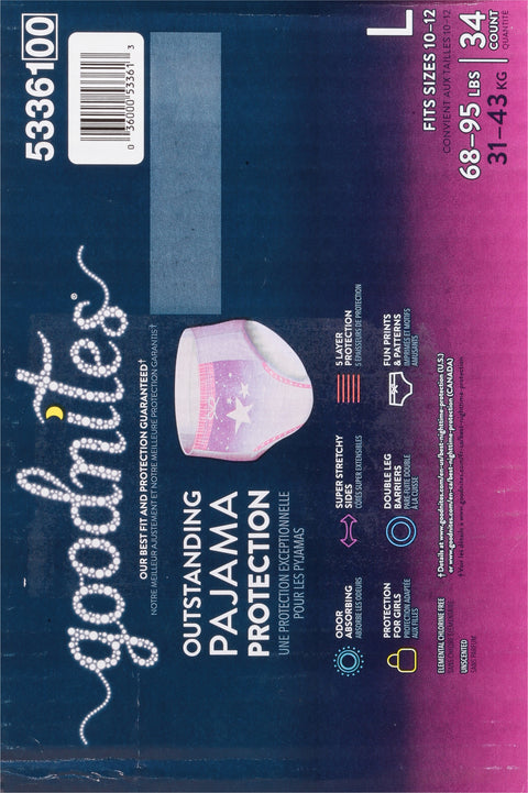 Goodnites Girls' Nighttime Bedwetting Underwear, Size Large (68-95 lbs), 34 Ct