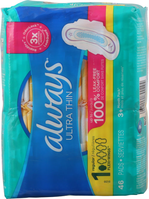 Always Ultra Thin Feminine Pads with Wings for Women, Size 1, Regular Absorbency, Unscented, 46 Count