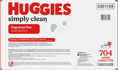 Huggies Simply Clean Unscented Baby Wipes, 11 Flip-Top Packs (704 Wipes Total)