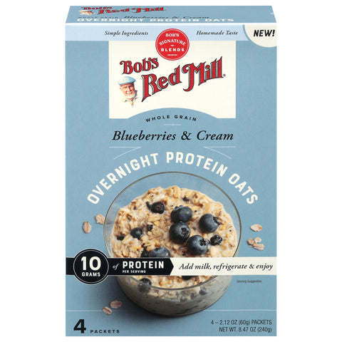 Bob's Red Mill Whole Grain Blueberries & Cream Overnight Protein Oats 4 - 2.12 oz Packets - 4 Pack