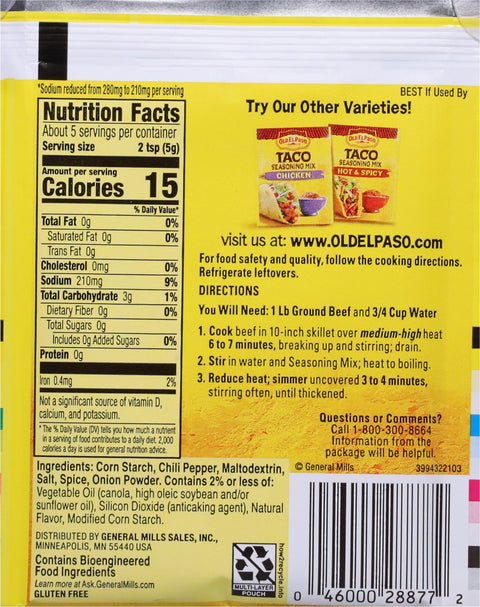 Old El Paso Seasoning Taco Low Salt 1 OZ