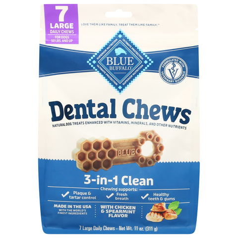 Blue Buffalo Blue 3-in-1 Clean Dental Chews with Chicken & Spearmint Flavor Large 7 ea - 4 Pack