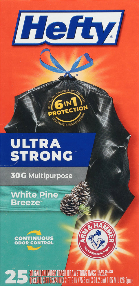 Hefty Ultra Strong White Pine Breeze 30 Gallon Large Trash Drawstring Bags 25 CT