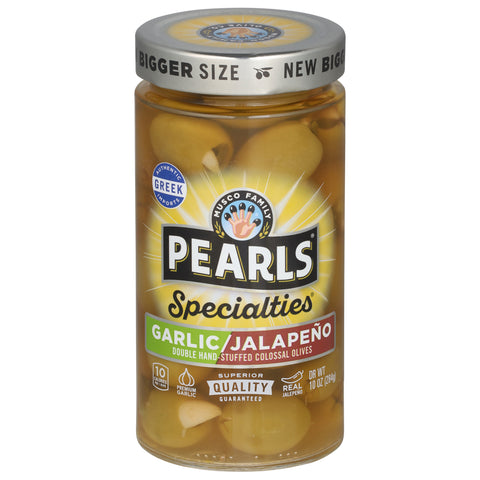 Pearls Specialties Double Hand-Stuffed Garlic/Jalapeno Olives Colossal 10 oz - 6 Pack
