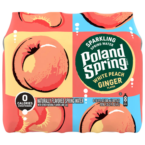 Poland Spring Sparkling Water, White Peach Ginger, 16.9 oz. Plastic Bottles (8 Count) - 3 Pack