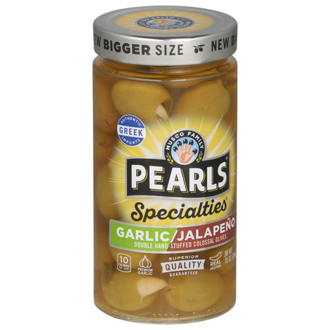 Pearls Specialties Double Hand-Stuffed Garlic/Jalapeno Olives Colossal 10 oz
