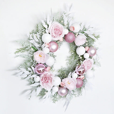 Snow White and Pink Bauble Filled Wreath, Belle Isis Artificial Flowers 22 Inches