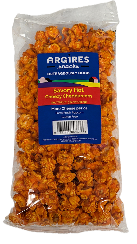 Argires Snacks Savory Hot Cheezy Cheddarcorn Popcorn - 5.6 OZ 12 Pack