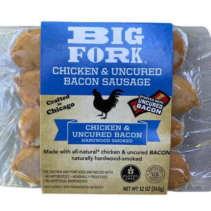 Big Fork Brands Bacon Sausage - Chicken & Bacon (Heat Sensitive - ships within 2 day transit time from zip: 60625) - 12 OZ 8 Pack