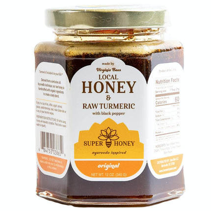 Turmeric Zone Virginia Local Honey | Turmeric Elderberry Honey with Black Pepper | Raw wildflower honey - 12 OZ 6 Pack