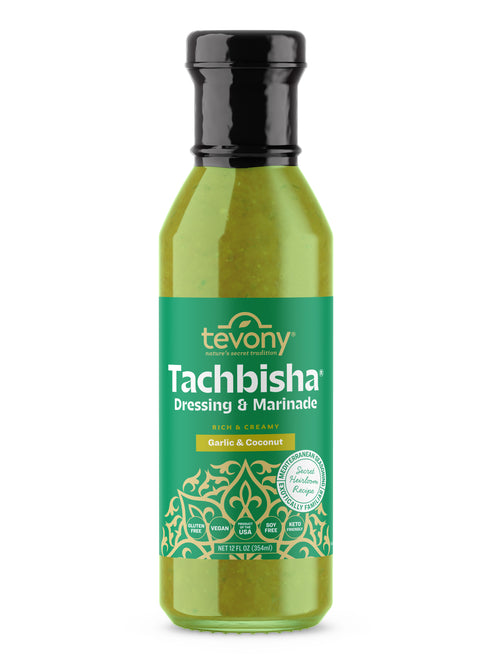 Tevony Mediterranean Sauces Tachbisha Dressing & Marinade - Rich & Creamy - Garlic Coconut - 12 OZ 12 Pack