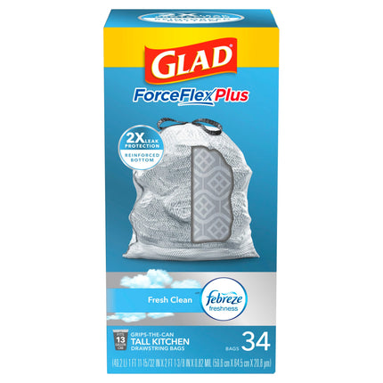 Glad ForceFlex Plus Febreze Fresh Clean 13 Gallon Tall Kitchen Drawstring Bags - 34 CT 6 Pack