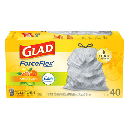 Glad ForceFlex Febreze Citrus & Zest 13 Gallon Tall Kitchen Drawstring Bags - 40 CT 6 Pack
