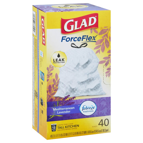 Glad ForceFlex Plus Febreze Mediterranean Lavender 13 Gallon Tall Kitchen Drawstring Bags - 40 CT 6 Pack