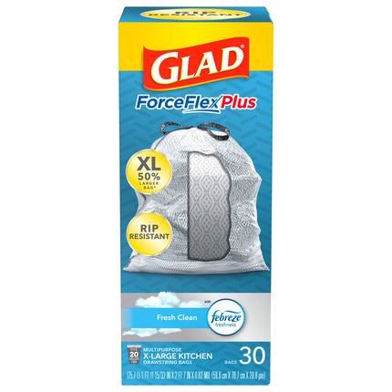 Glad ForceFlex Plus Febreze Fresh Clean 20 Gallon X-Large Kitchen Drawstring Bags - 30 CT 6 Pack