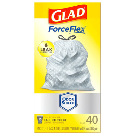 Glad ForceFlex Plus Odor Shield Unscented 13 Gallon Tall Kitchen Drawstring Bags - 40 CT 6 Pack