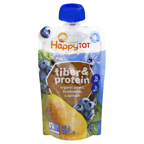 Happy Tot Organic Stage 4 Fiber & Protein Pears, Blueberries & Spinach - 4 OZ 16 Pack