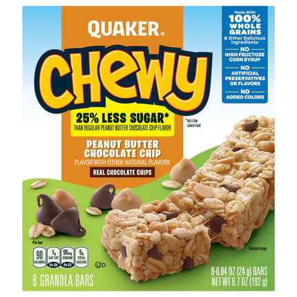 Quaker Bar Granola Chewy Reduced Sugar Peanut Butter Chocolate Chip - 6.7 OZ 12 Pack