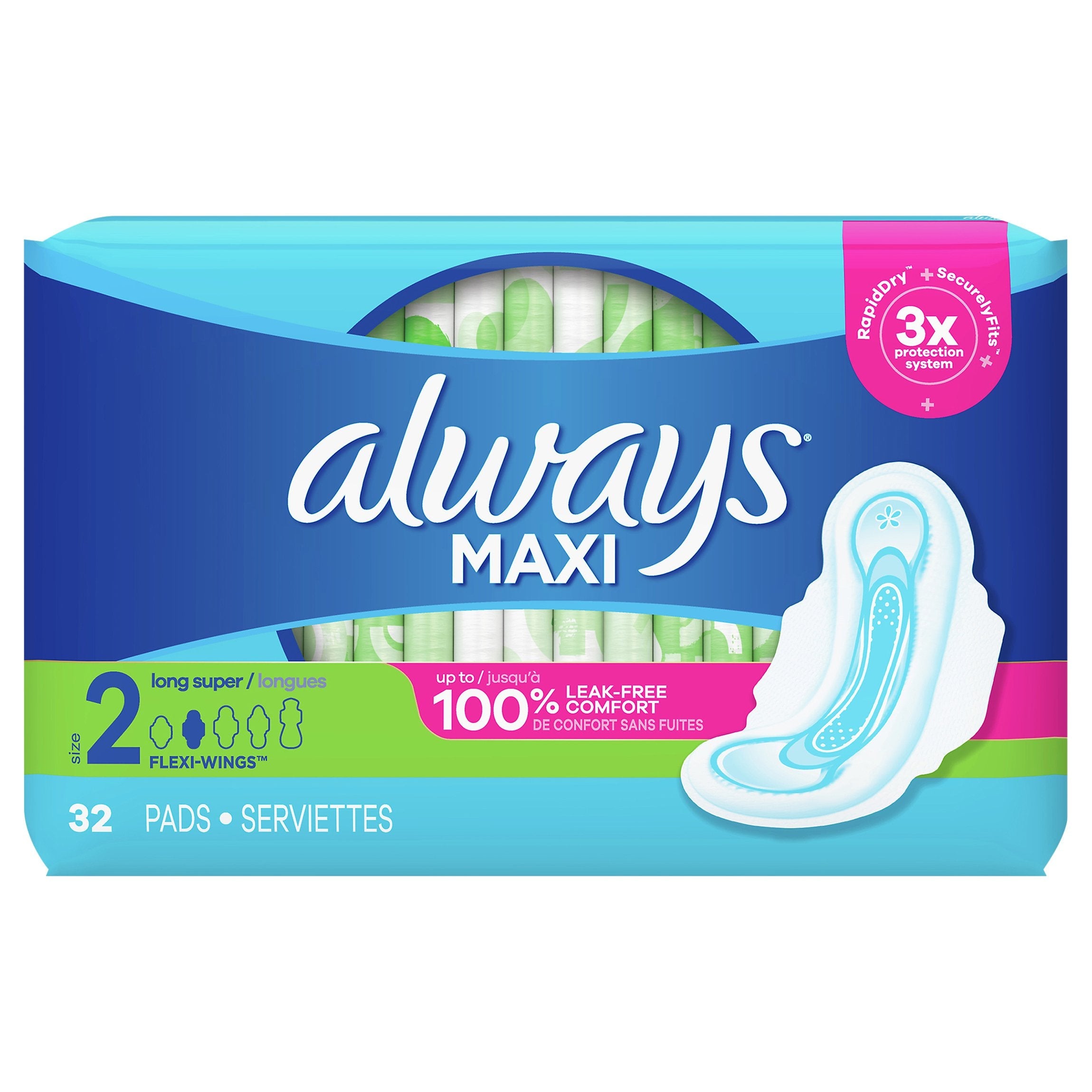 Always Maxi Long Super Pads With Wings Size 2 - 32 CT 6 Pack –  StockUpExpress