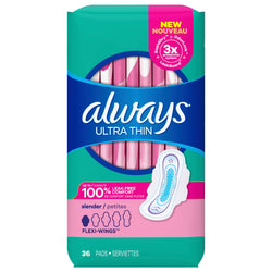 Always Ultra Thin Slender Pads With Wings - 36 CT 6 Pack