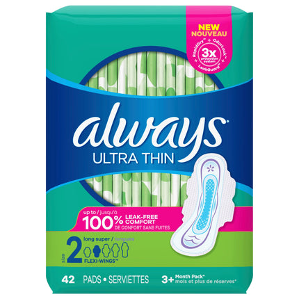 Always Ultra Thin Long Super Pads With Wings Size 2 - 42 CT 6 Pack