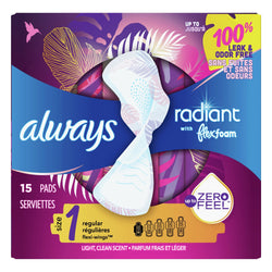 Always Radiant Flex Foam Regular Pads Size 1 - 15 CT 12 Pack