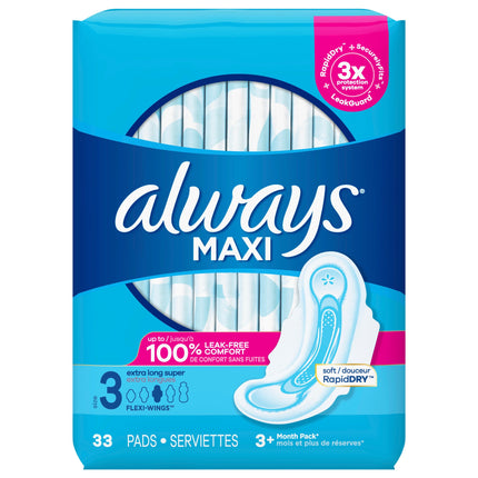 Always Maxi Extra Long Super Pads With Wings Size 3 - 33 CT 3 Pack