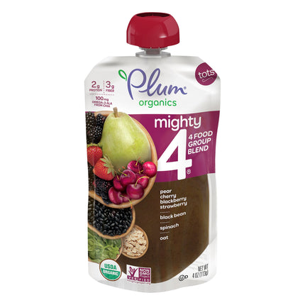 Plum Organics Tots Mighty 4 Cherry, Strawberry, Black Bean, Spinach & Oats Baby Food - 4 OZ 6 Pack