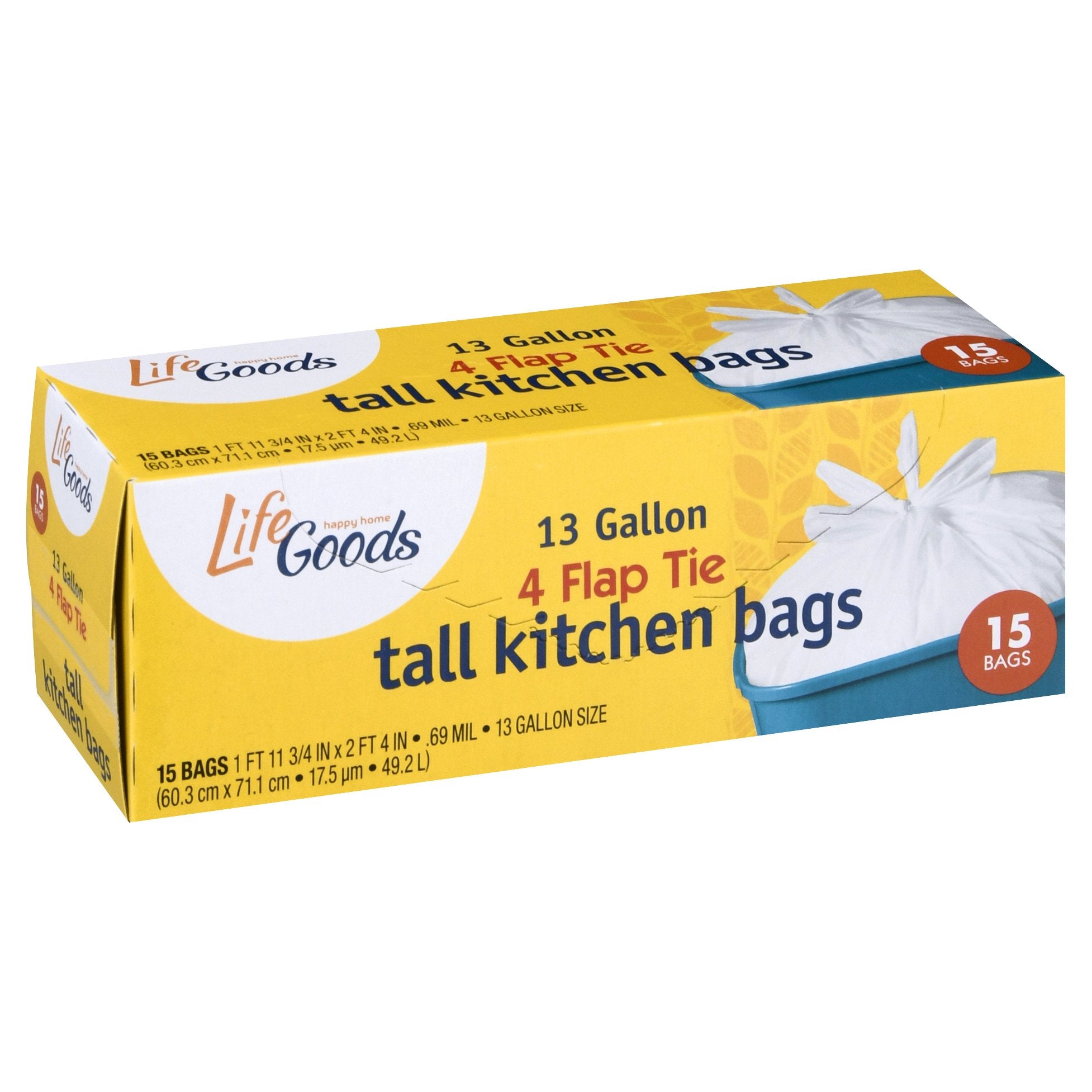 Life Goods 4 Flap Tie Tall Kitchen Bags 13 Gallon - 15 CT 12 Pack –  StockUpExpress